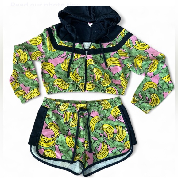 Juicy Couture Other - Juicy Couture 2 Piece Set Cropped Hoodie Zip Jacket & Shorts Bananas Large Y2K